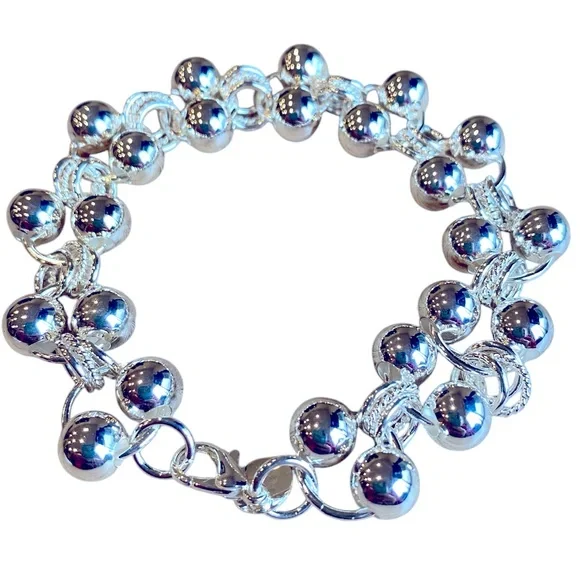 925 STERLING Stamped 8 mm Silver Round Beads Dainty Links Bracelet - Picture 2 of 9